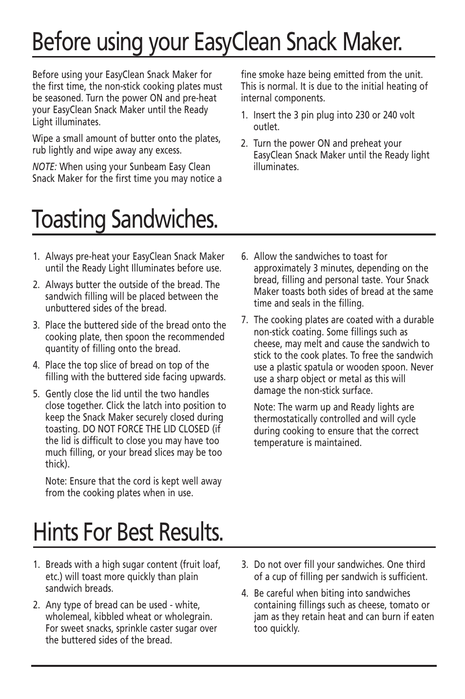 Toasting sandwiches. hints for best results, Before using your easyclean snack maker | Sunbeam GR6400 User Manual | Page 4 / 7