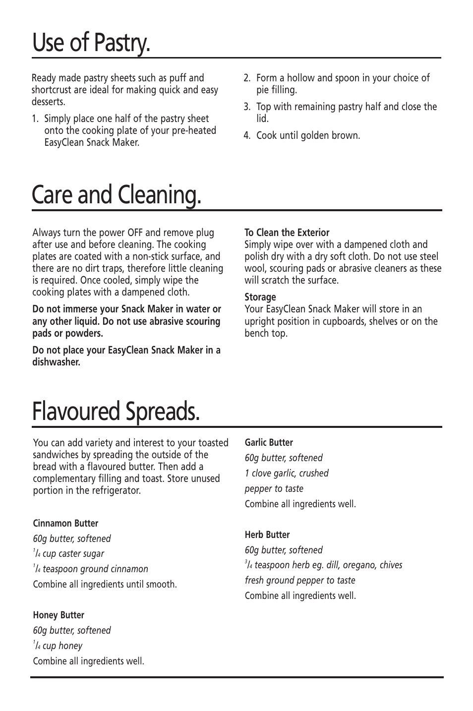 Care and cleaning, Flavoured spreads. use of pastry | Sunbeam GR6400 User Manual | Page 5 / 7