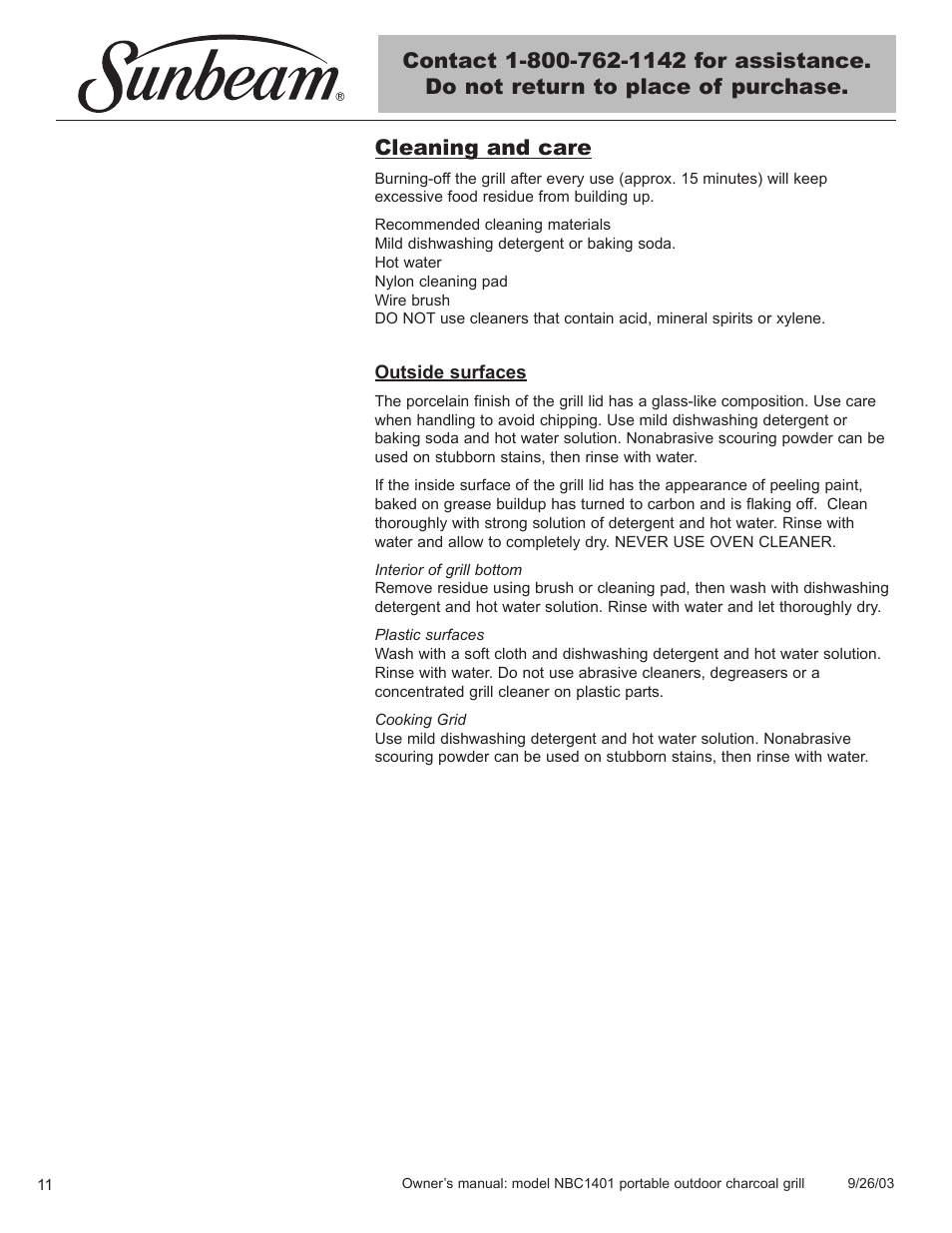Cleaning and care | Sunbeam NBC1401 User Manual | Page 12 / 20