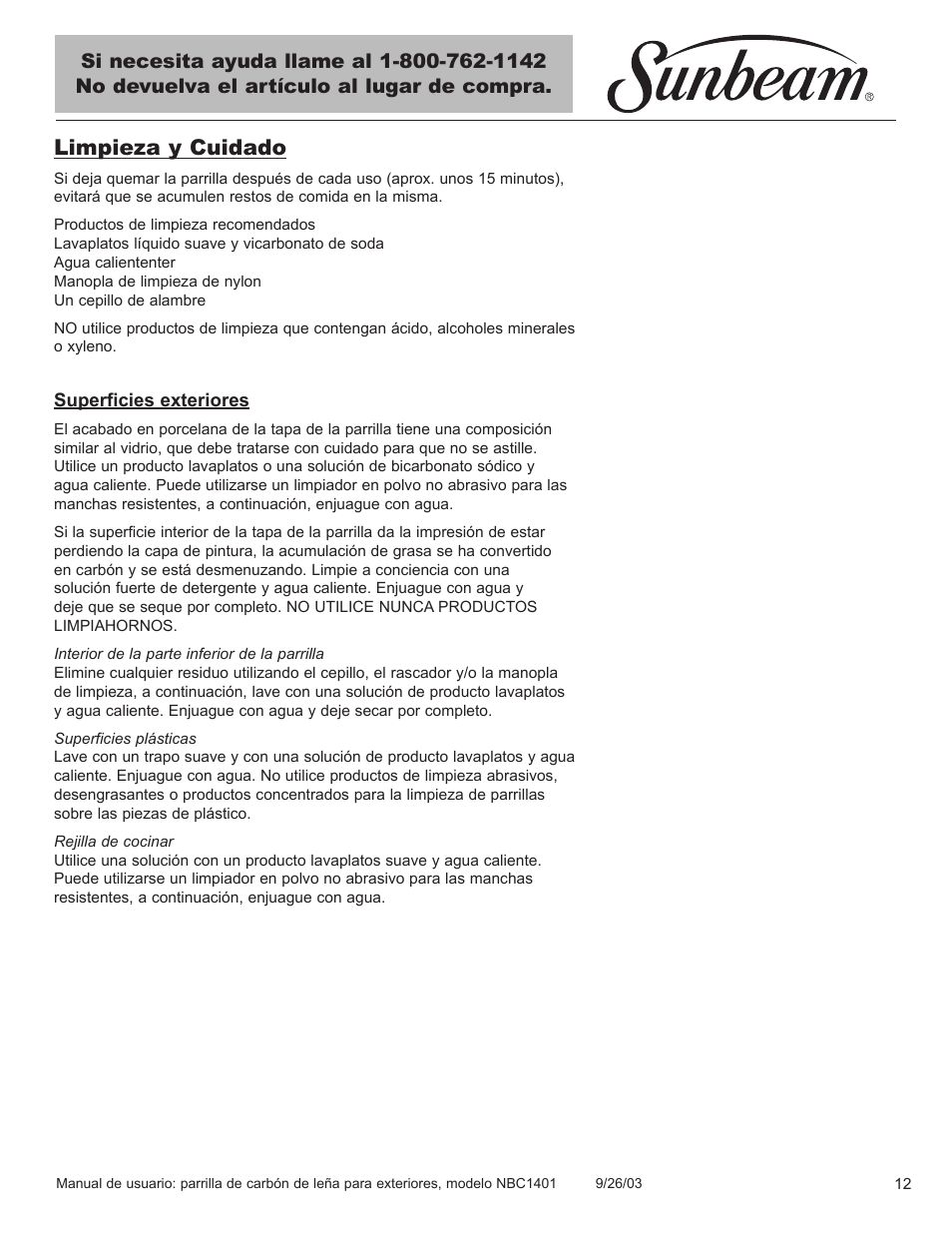 Limpieza y cuidado | Sunbeam NBC1401 User Manual | Page 13 / 20