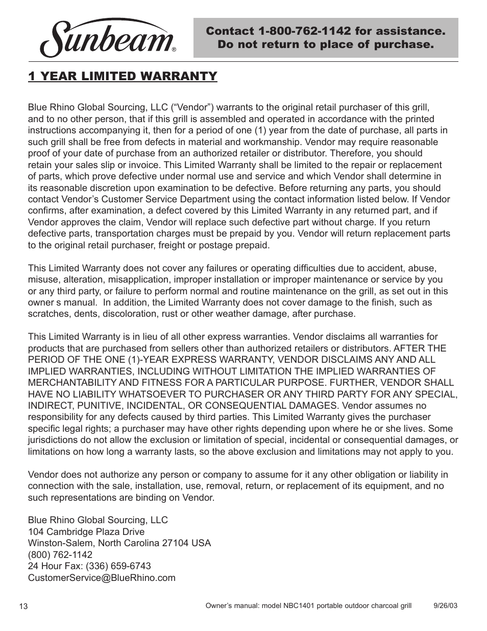 1 year limited warranty | Sunbeam NBC1401 User Manual | Page 14 / 20