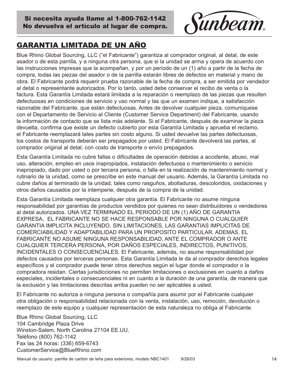 Garantia limitada de un año | Sunbeam NBC1401 User Manual | Page 15 / 20