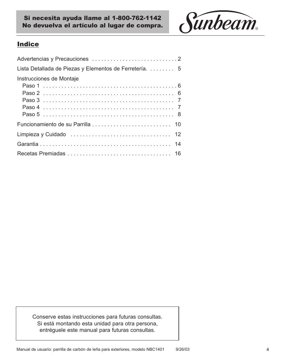 Sunbeam NBC1401 User Manual | Page 5 / 20