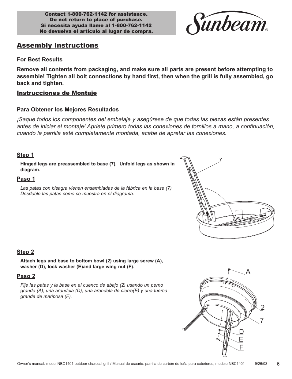 Assembly instructions, A7 2 f e d | Sunbeam NBC1401 User Manual | Page 7 / 20