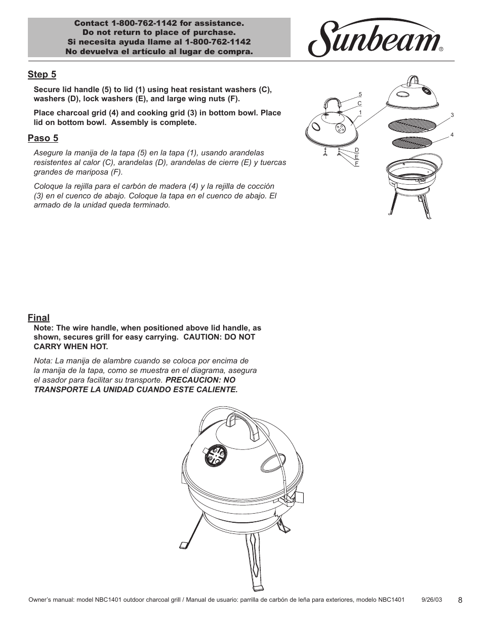 Step 5, Paso 5, Final | Sunbeam NBC1401 User Manual | Page 9 / 20