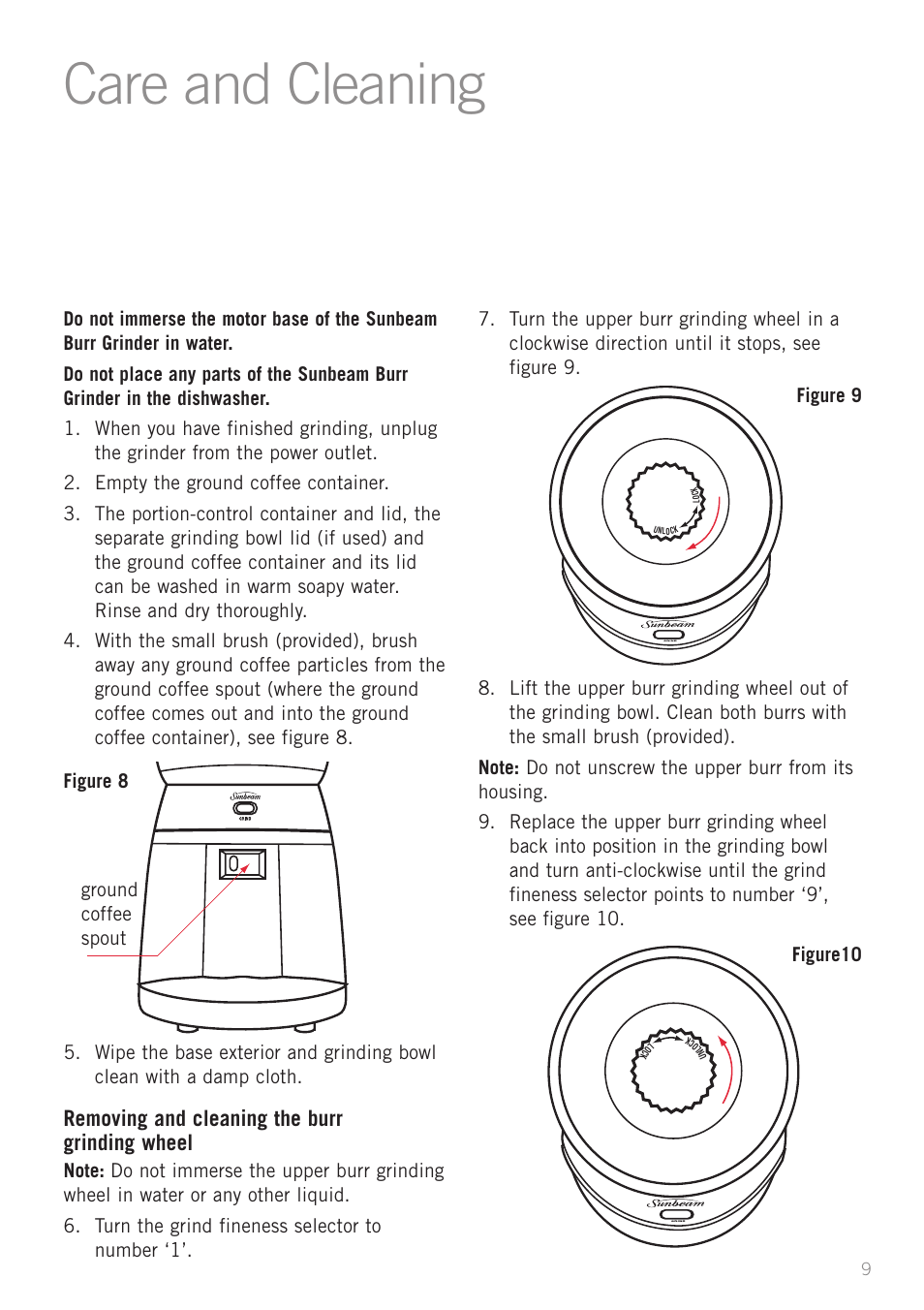 Care and cleaning, Removing and cleaning the burr grinding wheel | Sunbeam EM0430 User Manual | Page 11 / 13