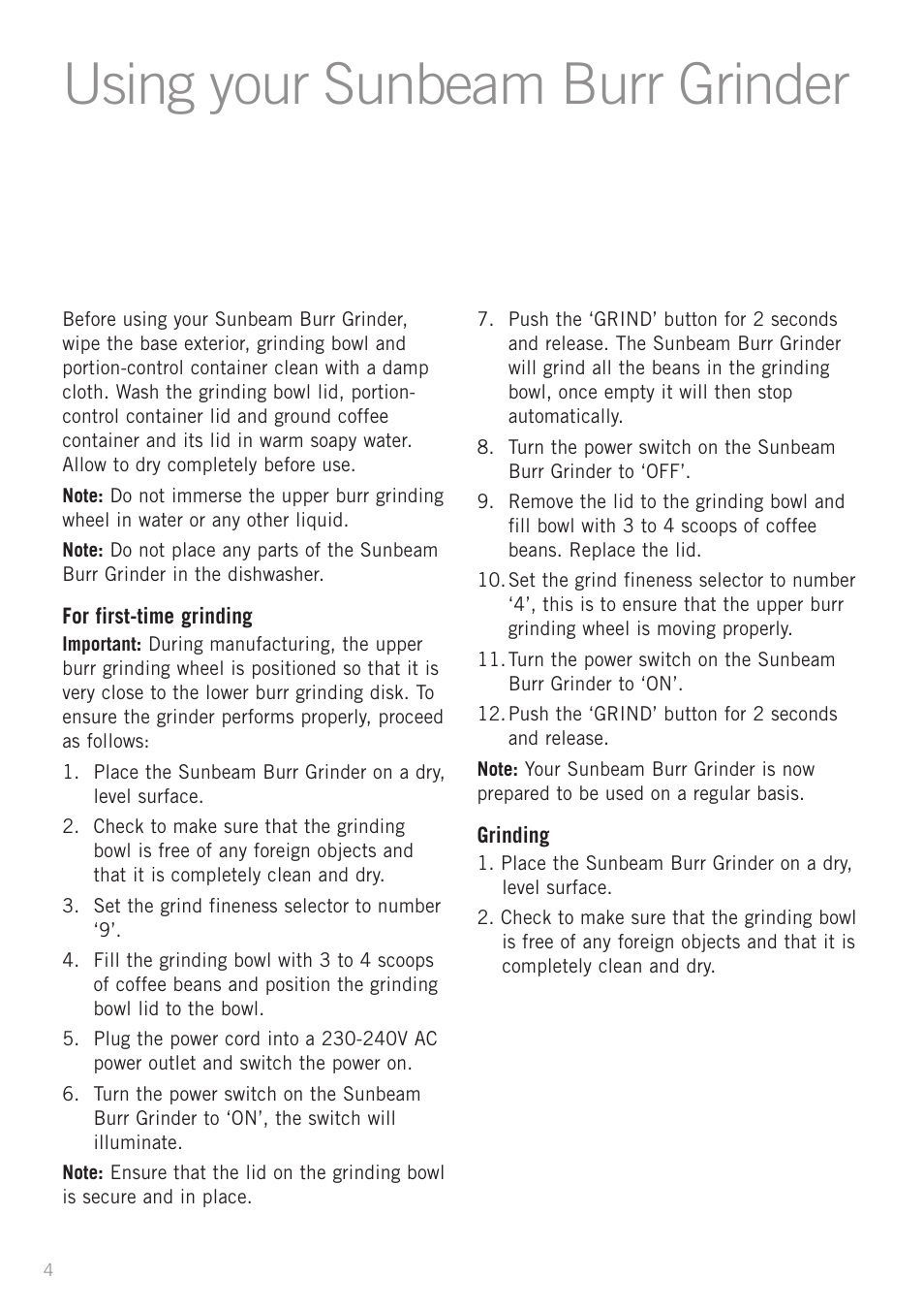 Using your sunbeam burr grinder | Sunbeam EM0430 User Manual | Page 6 / 13