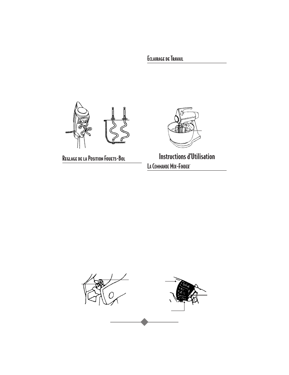 Instructions d'utilisation, Reglage de la position fouets-bol, Eclairage de travail | Sunbeam 2359 User Manual | Page 19 / 56