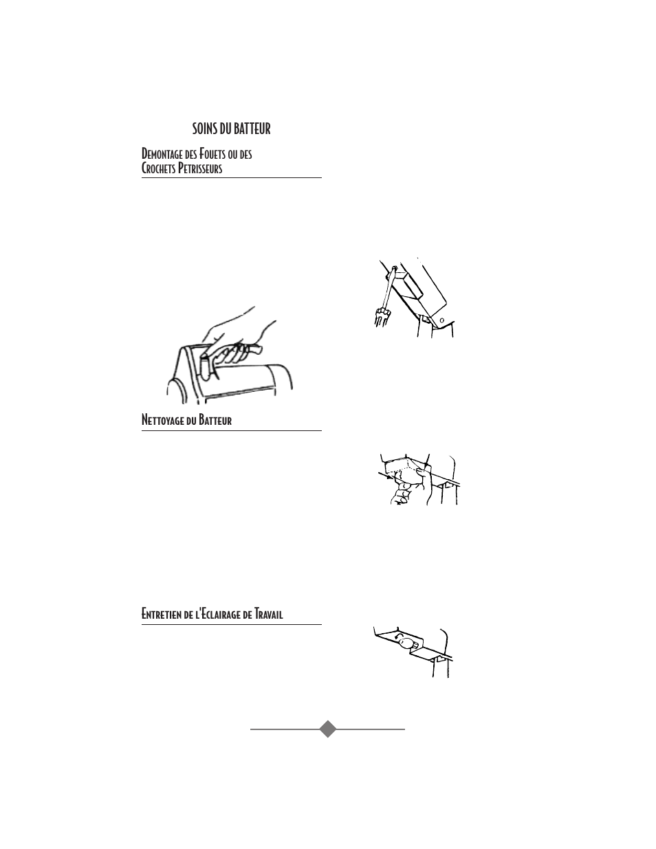 Soins du batteur d, Nettoyage du batteur, Entretien de l'eclairage de travail | Sunbeam 2359 User Manual | Page 21 / 56