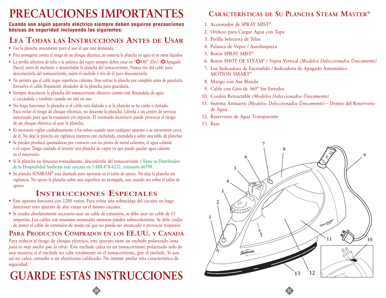 Precauciones importantes, Guarde estas instrucciones, Ee.uu | Sunbeam 4211-099 User Manual | Page 11 / 20