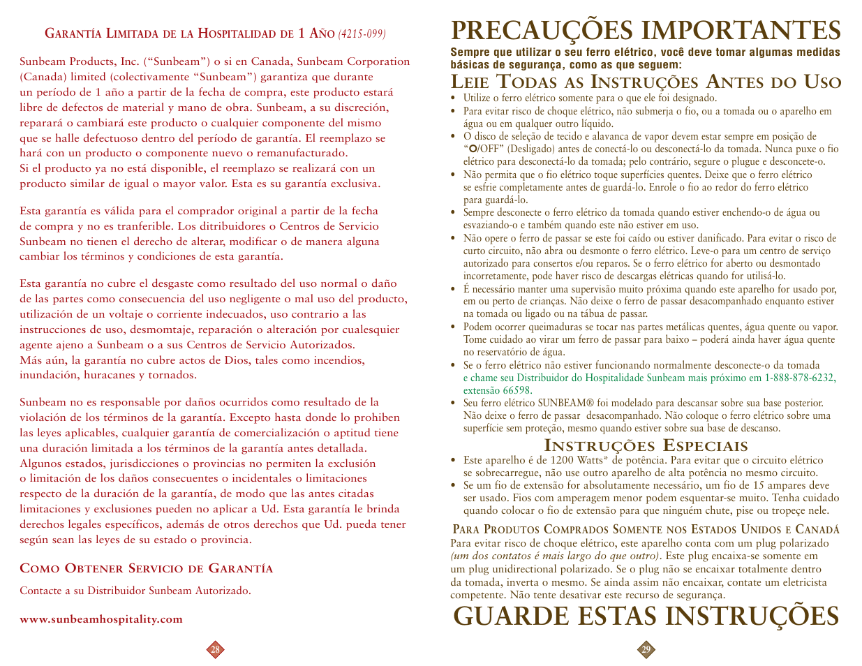Precauções importantes, Guarde estas instruções | Sunbeam 4211-099 User Manual | Page 15 / 20