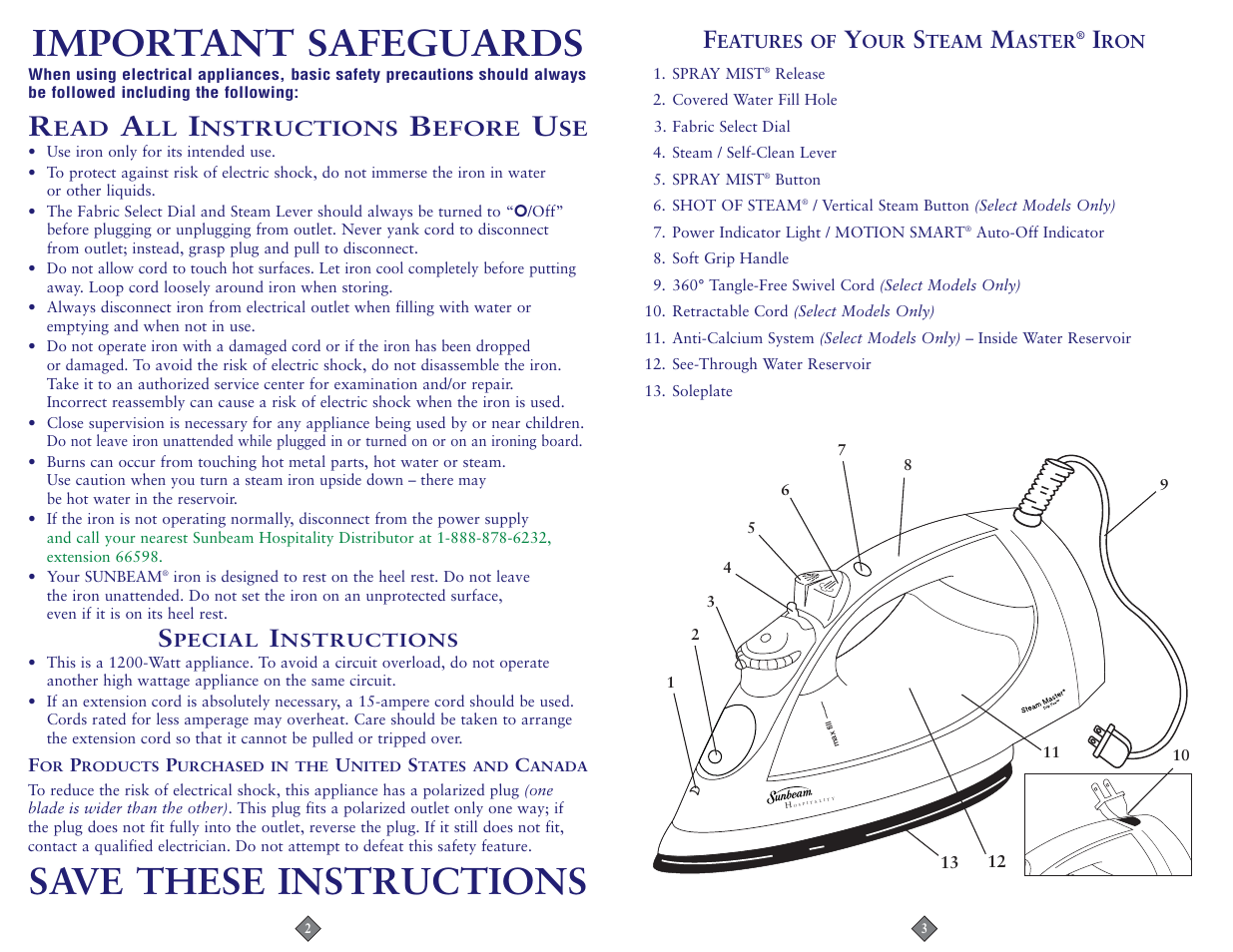 Important safeguards, Save these instructions, Nstructions | Efore | Sunbeam 4211-099 User Manual | Page 2 / 20