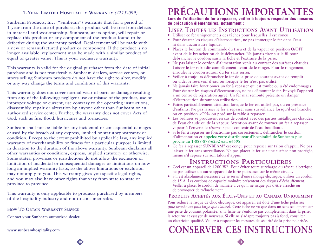 Précautions importantes, Conserver ces instructions | Sunbeam 4211-099 User Manual | Page 6 / 20