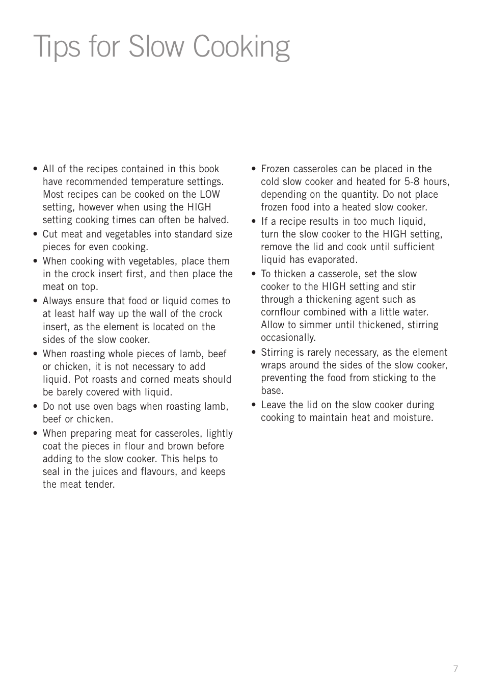 Tips for slow cooking | Sunbeam HP5500 User Manual | Page 9 / 25