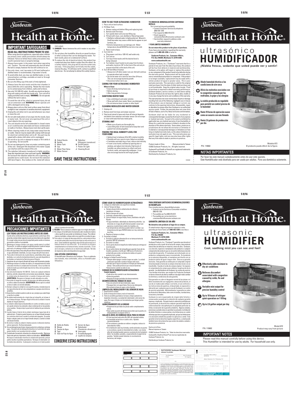 Humidifier, Humidificador, Important safeguards | Precauciones importantes, Notas importantes | Sunbeam 672 User Manual | Page 7 / 8