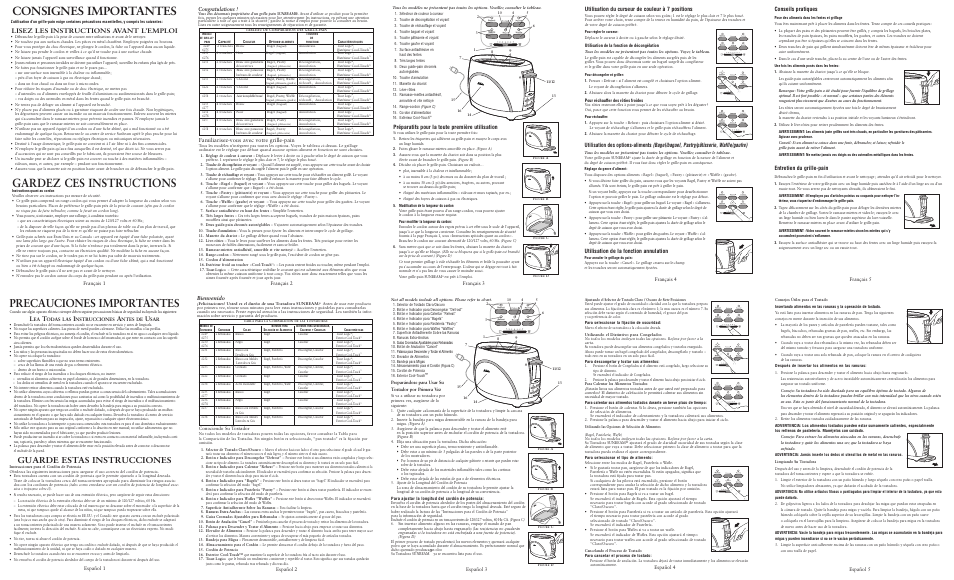 Consignes importantes, Gardez ces instructions, Precauciones importantes | Guarde estas instrucciones, Lisez les instructions avant l’emploi, Conseils pratiques, Entretien du grille-pain, Bienvenido, Utilisation du curseur de couleur à 7 positions, Utilisation de la fonction annulation | Sunbeam 6254 User Manual | Page 2 / 2