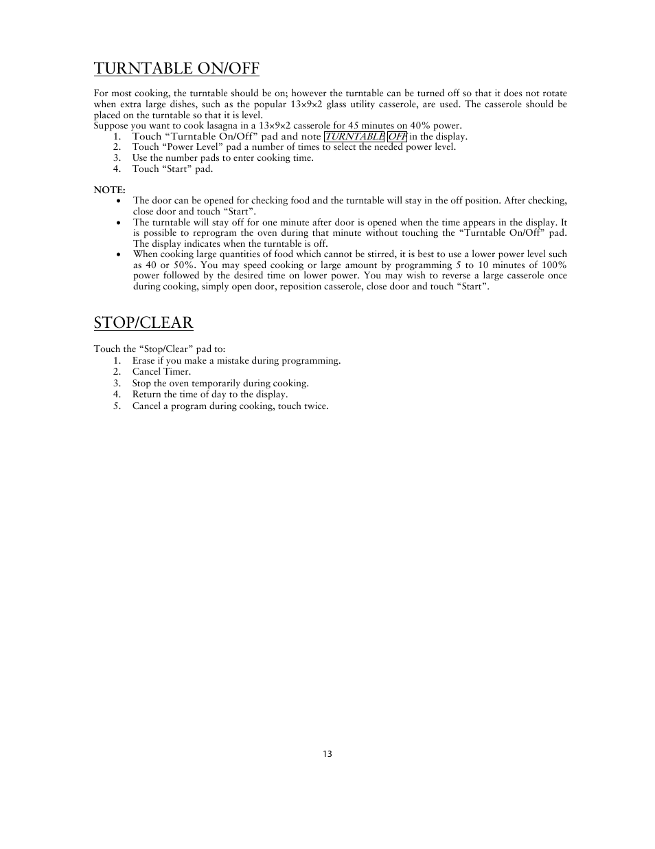 Turntable on/off, Stop/clear | Sunbeam SNM1502RAS User Manual | Page 13 / 20