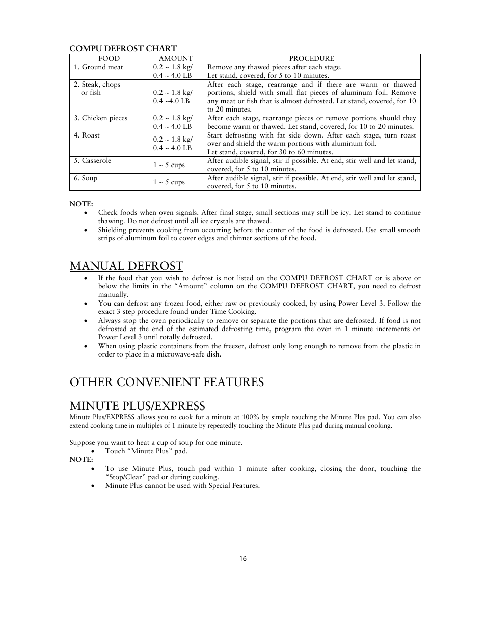 Manual defrost, Other convenient features, Minute plus/express | Sunbeam SNM1502RAS User Manual | Page 16 / 20