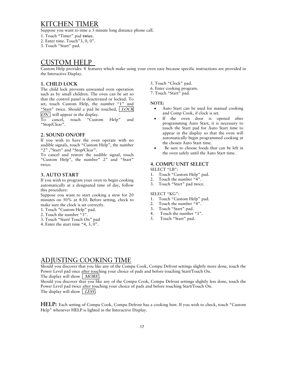 Kitchen timer, Custom help, Adjusting cooking time | Sunbeam SNM1502RAS User Manual | Page 17 / 20