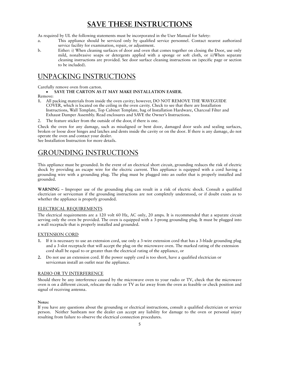 Unpacking instructions, Grounding instructions, Save these instructions | Sunbeam SNM1502RAS User Manual | Page 5 / 20
