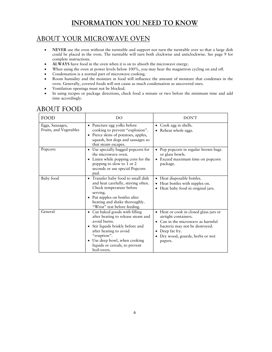 Information you need to know, About your microwave oven, About food | About your oven | Sunbeam SNM1502RAS User Manual | Page 6 / 20