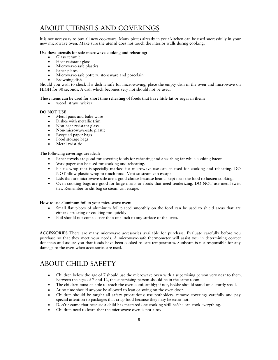 About utensils and coverings, Do not use, About child safety | Sunbeam SNM1502RAS User Manual | Page 8 / 20
