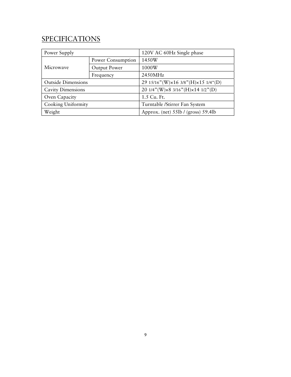 Specifications | Sunbeam SNM1502RAS User Manual | Page 9 / 20