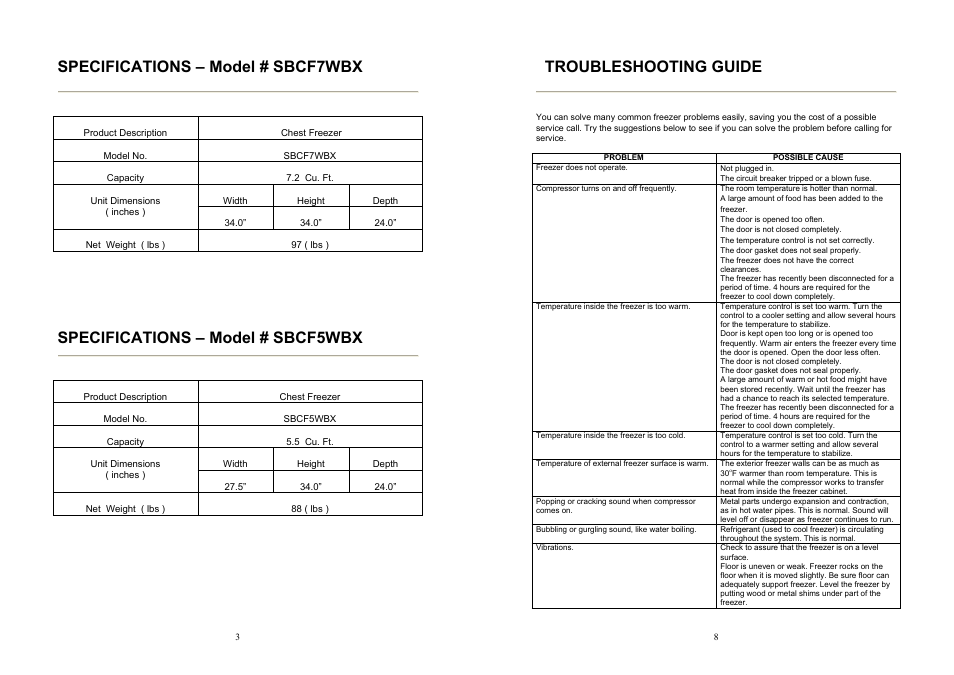 9.pdf, Specifications – model # sbcf7wbx, Specifications – model # sbcf5wbx | Troubleshooting guide | Sunbeam SBCF7WBX User Manual | Page 4 / 6