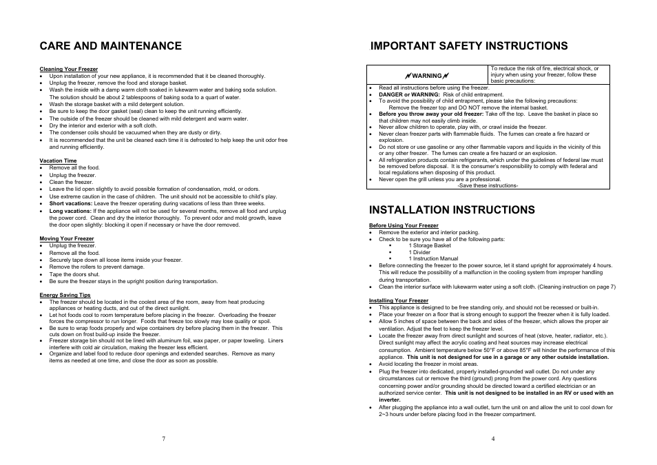 5.pdf, Important safety instructions, Installation instructions | Care and maintenance | Sunbeam SBCF7WBX User Manual | Page 5 / 6