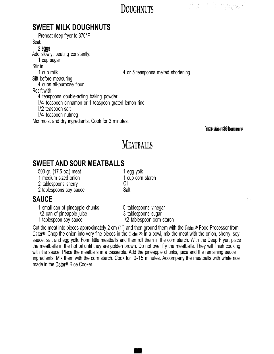 Oughnuts, Eatballs, Sweet milk doughnuts | Eggs, Sweet and sour meatballs, Sauce | Sunbeam 3240 User Manual | Page 13 / 64