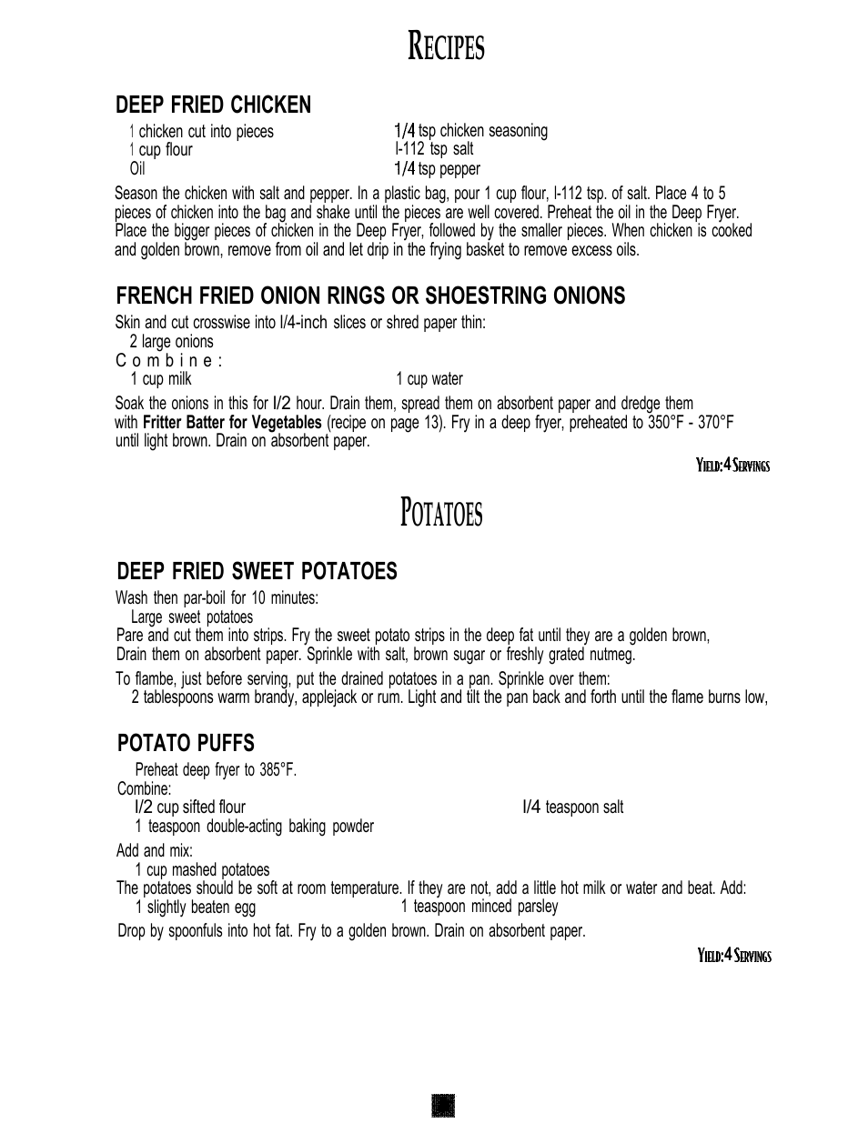 Ecipes, Otatoes, Deep fried chicken | French fried onion rings or shoestring onions, Deep fried sweet potatoes, Potato puffs | Sunbeam 3240 User Manual | Page 8 / 64