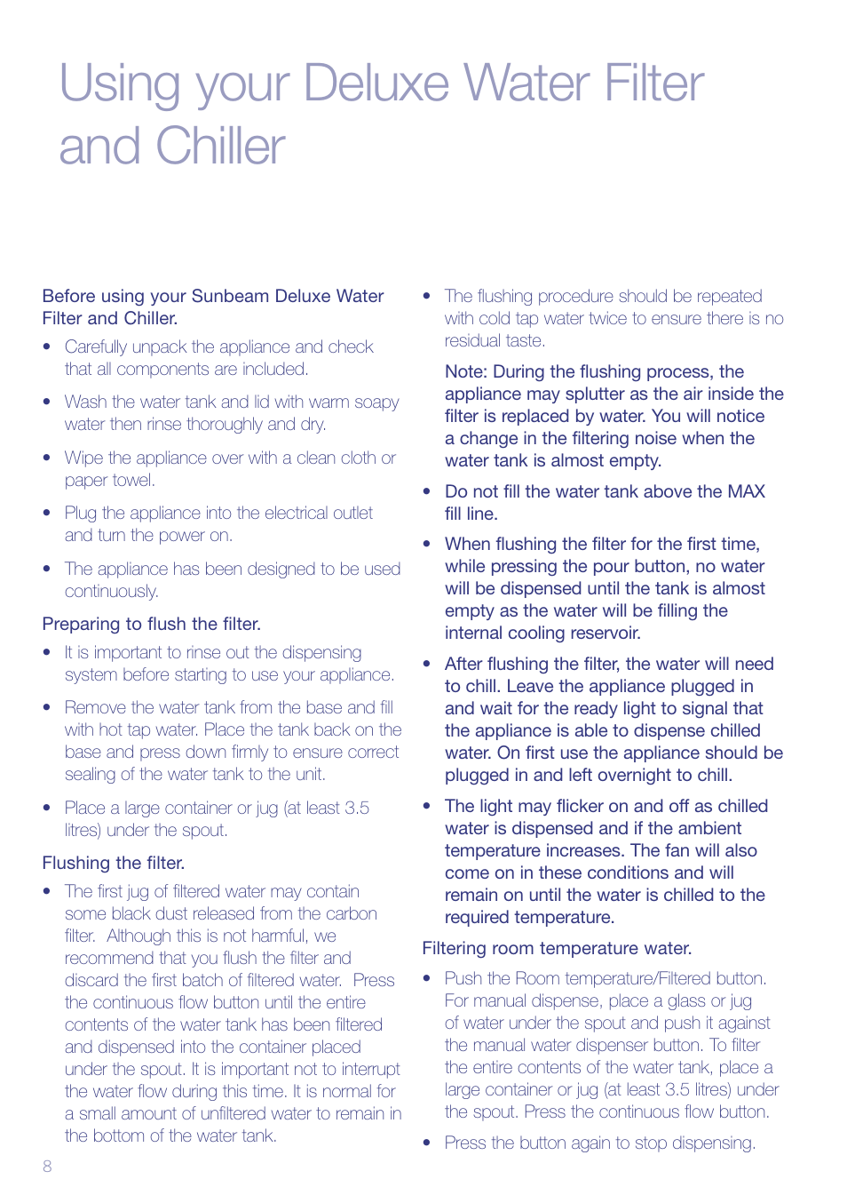Using your deluxe water filter and chiller | Sunbeam WF6810 User Manual | Page 10 / 16