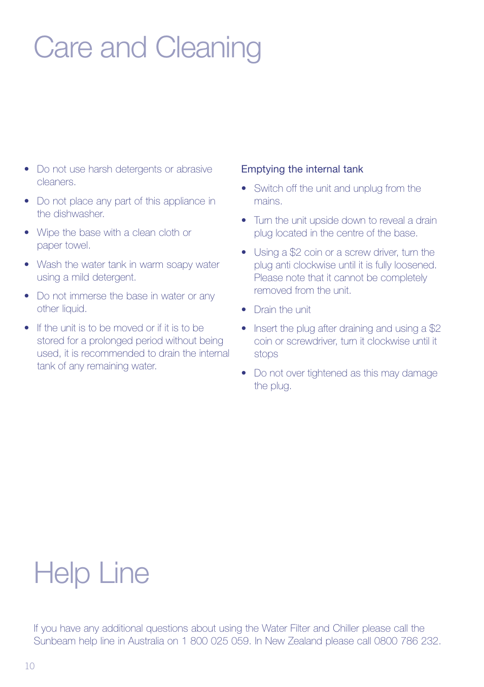 Care and cleaning help line | Sunbeam WF6810 User Manual | Page 12 / 16