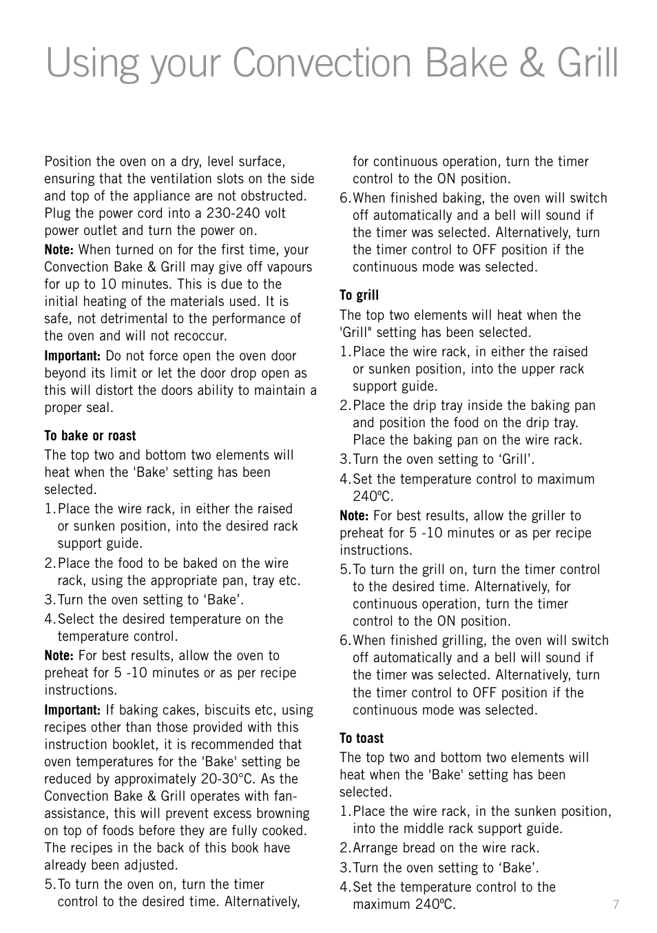 Using your convection bake & grill | Sunbeam BT6700 User Manual | Page 9 / 28