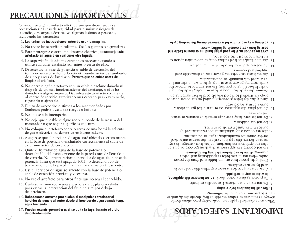 Sa fet y, Seguridad, Im po rt an ts af eg ua rd s | Precauciones importantes | Sunbeam 130068 User Manual | Page 2 / 8