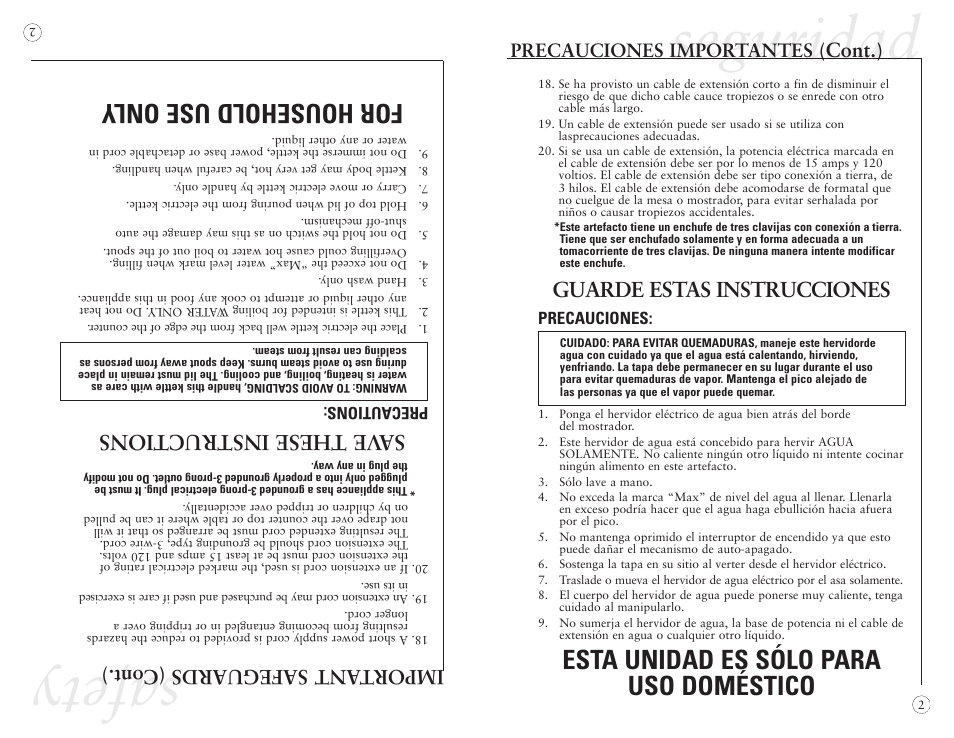 Sa fet y, Seguridad, Fo rh ou se ho ld us eo nly | Esta unidad es sólo para uso doméstico, Sa ve th es ei ns tr uc tio ns, Guarde estas instrucciones, Im po rt an ts af eg ua rd s( co nt. ), Cont.), Precauciones importantes | Sunbeam 130068 User Manual | Page 3 / 8