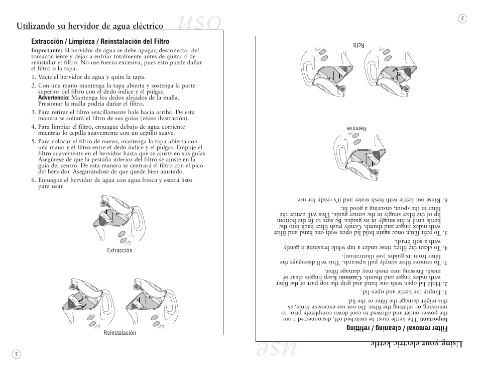 Usi ng yo ur ele ctr ic ket tle, Utilizando su hervidor de agua eléctrico | Sunbeam 130068 User Manual | Page 6 / 8