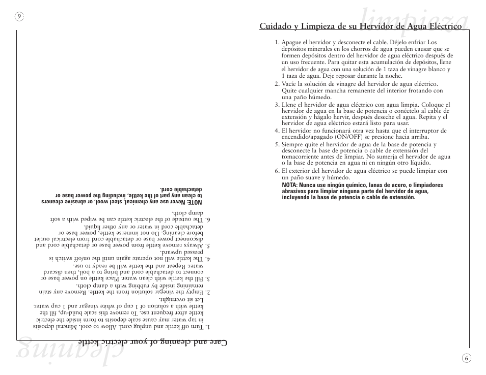 Cle an in g, Limpieza | Sunbeam 130068 User Manual | Page 7 / 8