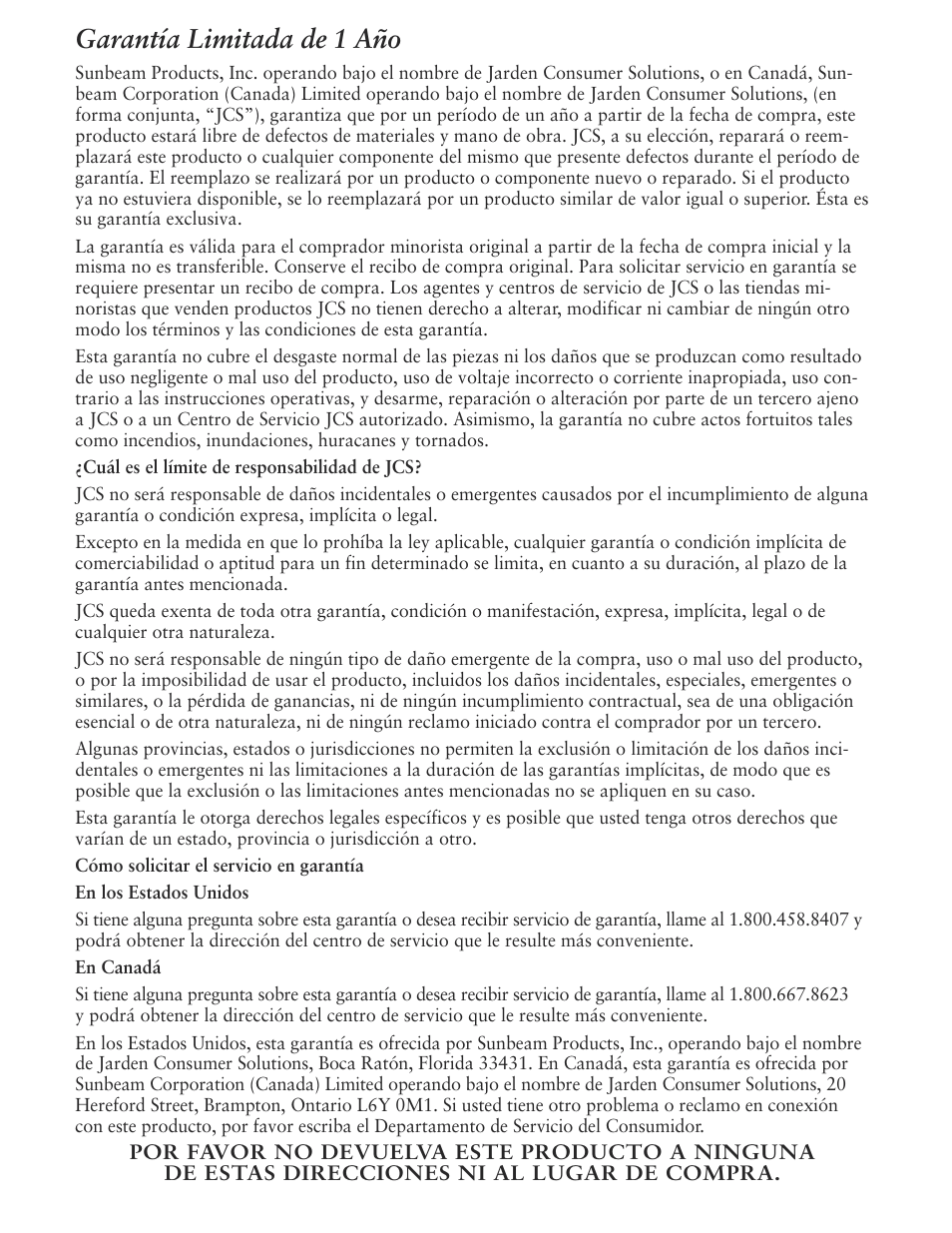 Garantía limitada de 1 año | Sunbeam 6062 User Manual | Page 13 / 14