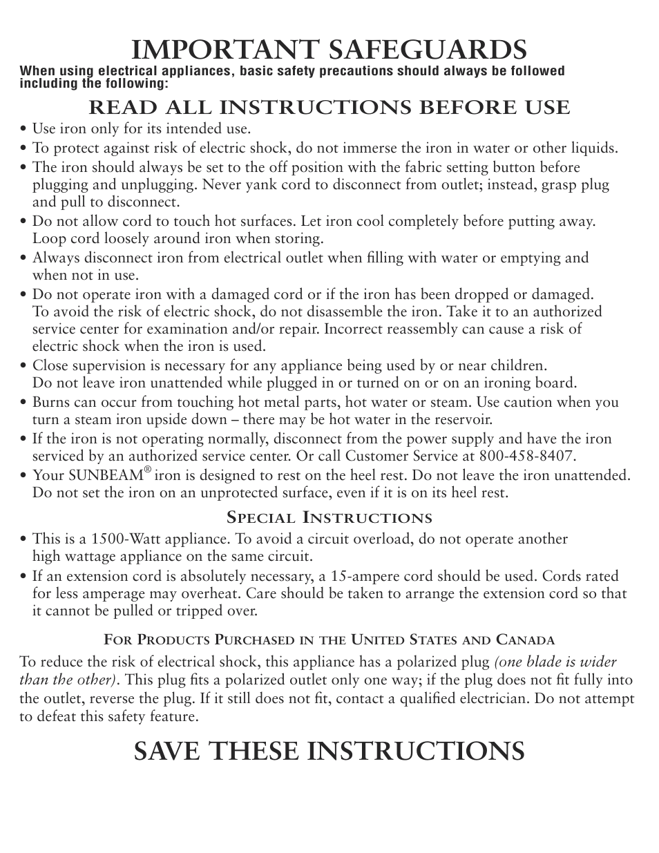 Important safeguards, Save these instructions, Read all instructions before use | Sunbeam 6062 User Manual | Page 2 / 14