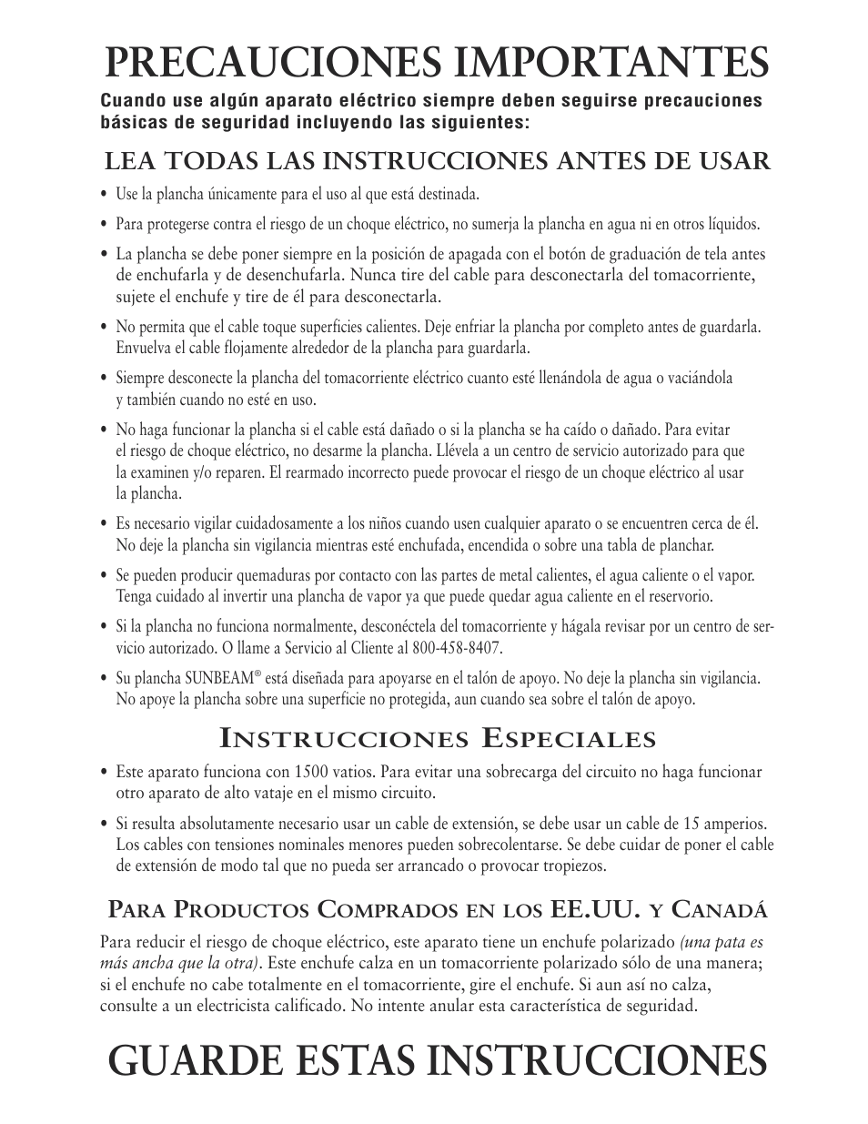 Precauciones importantes, Guarde estas instrucciones, Lea todas las instrucciones antes de usar | Ee.uu | Sunbeam 6062 User Manual | Page 8 / 14