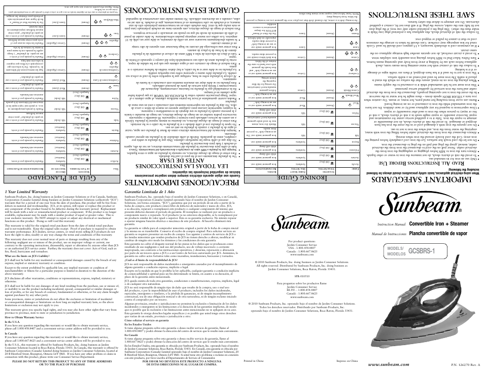 Sunbeam GCSBRS-1 User Manual | 2 pages
