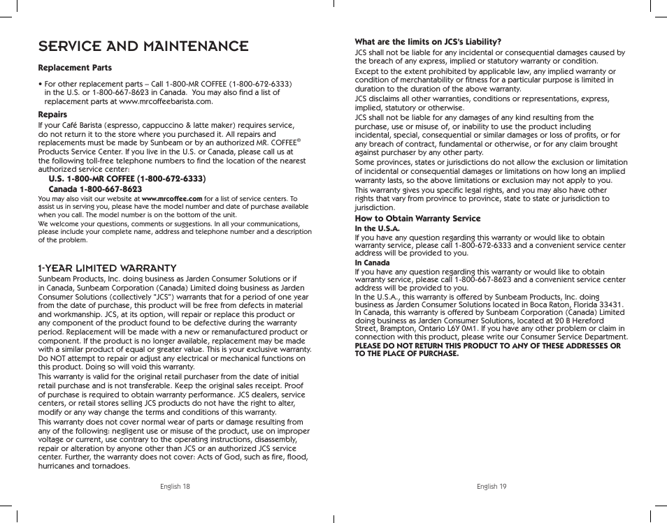 Service and maintenance, Year limited warranty | Sunbeam BVMC-ECMP1001W User Manual | Page 10 / 20