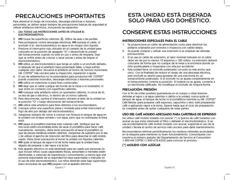 Precauciones importantes, Conserve estas instrucciones, Esta unidad está diseñada solo para uso doméstico | Sunbeam BVMC-ECMP1001W User Manual | Page 11 / 20