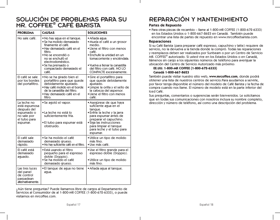 Solución de problemas para su mr. coffee, Café barista, Reparación y mantenimiento | Sunbeam BVMC-ECMP1001W User Manual | Page 19 / 20
