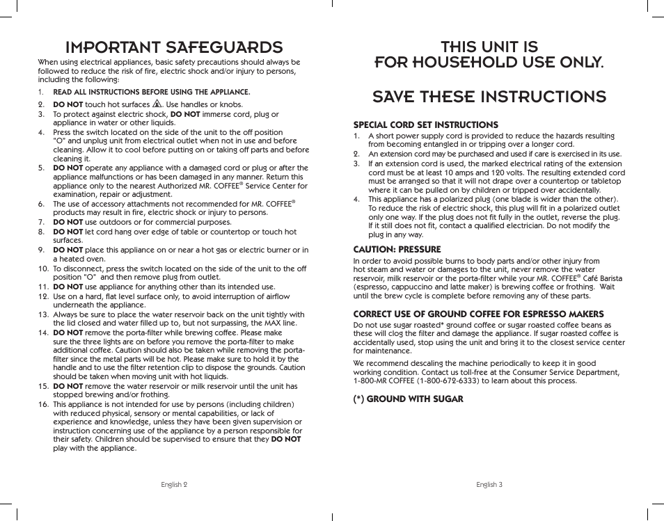 Important safeguards, Save these instructions, This unit is for household use only | Sunbeam BVMC-ECMP1001W User Manual | Page 2 / 20