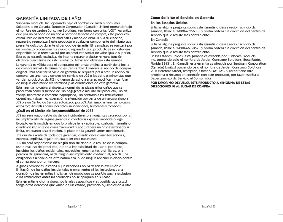 Garantía limitada de 1 año | Sunbeam BVMC-ECMP1001W User Manual | Page 20 / 20