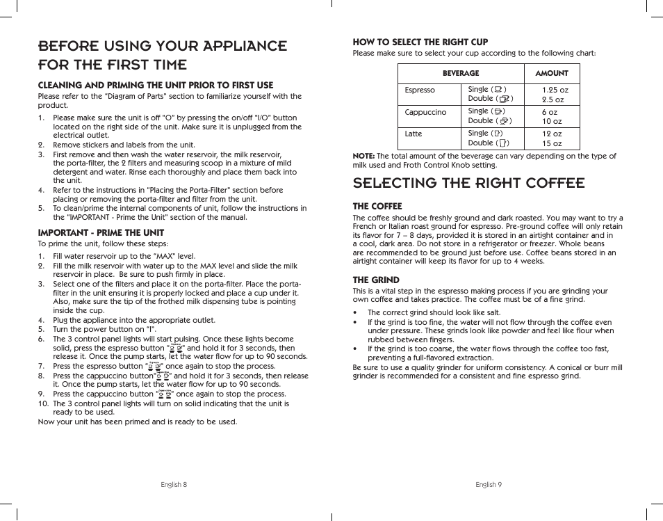 Selecting the right coffee, Before using your appliance for the first time | Sunbeam BVMC-ECMP1001W User Manual | Page 5 / 20