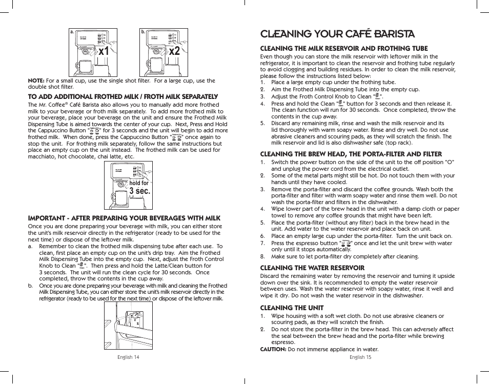 Cleaning your café barista, 3 sec | Sunbeam BVMC-ECMP1001W User Manual | Page 8 / 20