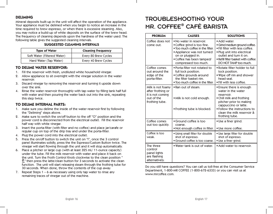 Troubleshooting your mr. coffee, Café barista | Sunbeam BVMC-ECMP1001W User Manual | Page 9 / 20